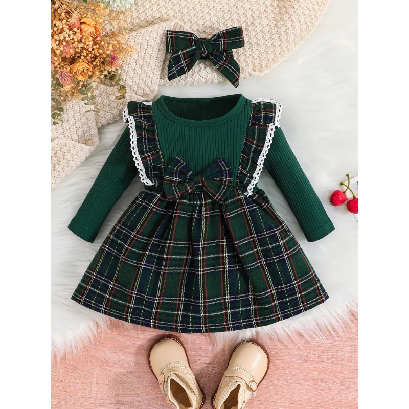 Dress For Kids 3 Months - 3 Years old Style Fashion Long Sleeve Christmas Red Grid Princess Formal Dresses Ootd For Baby Girl