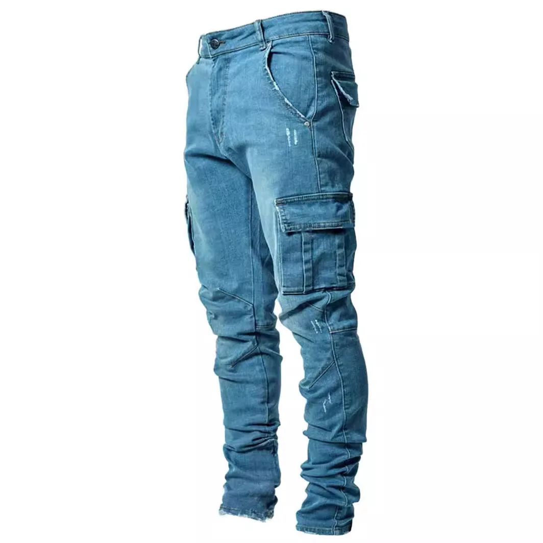 Stasiun Eropa rekreasi trendi pria elastis Multi saku legging Slim Fit denim pakaian kerja Populer