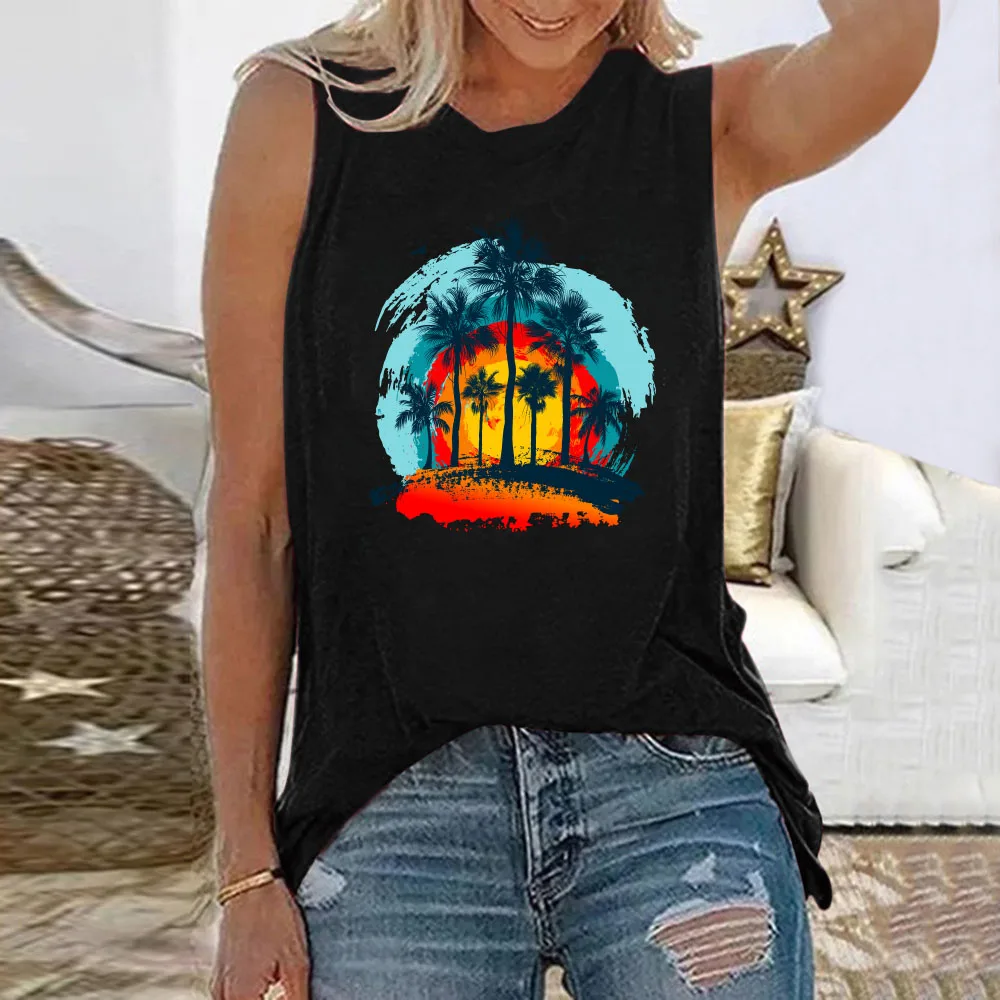 Summer Beach Palm Tree 3D Print Tank Tops Women Streetwear Fashion Oversized O-Neck Vest Off Shoulder Sleeveless Woman Camisole