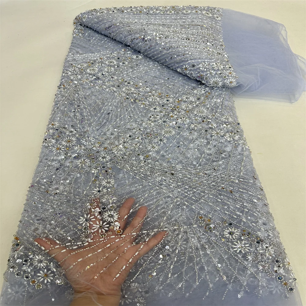 

2024 African Lace Fabric Handmade Beads Laces Fabrics Luxury Nigerian Sequins Mesh Lace Fabric For Party Dress Sewing r-0425