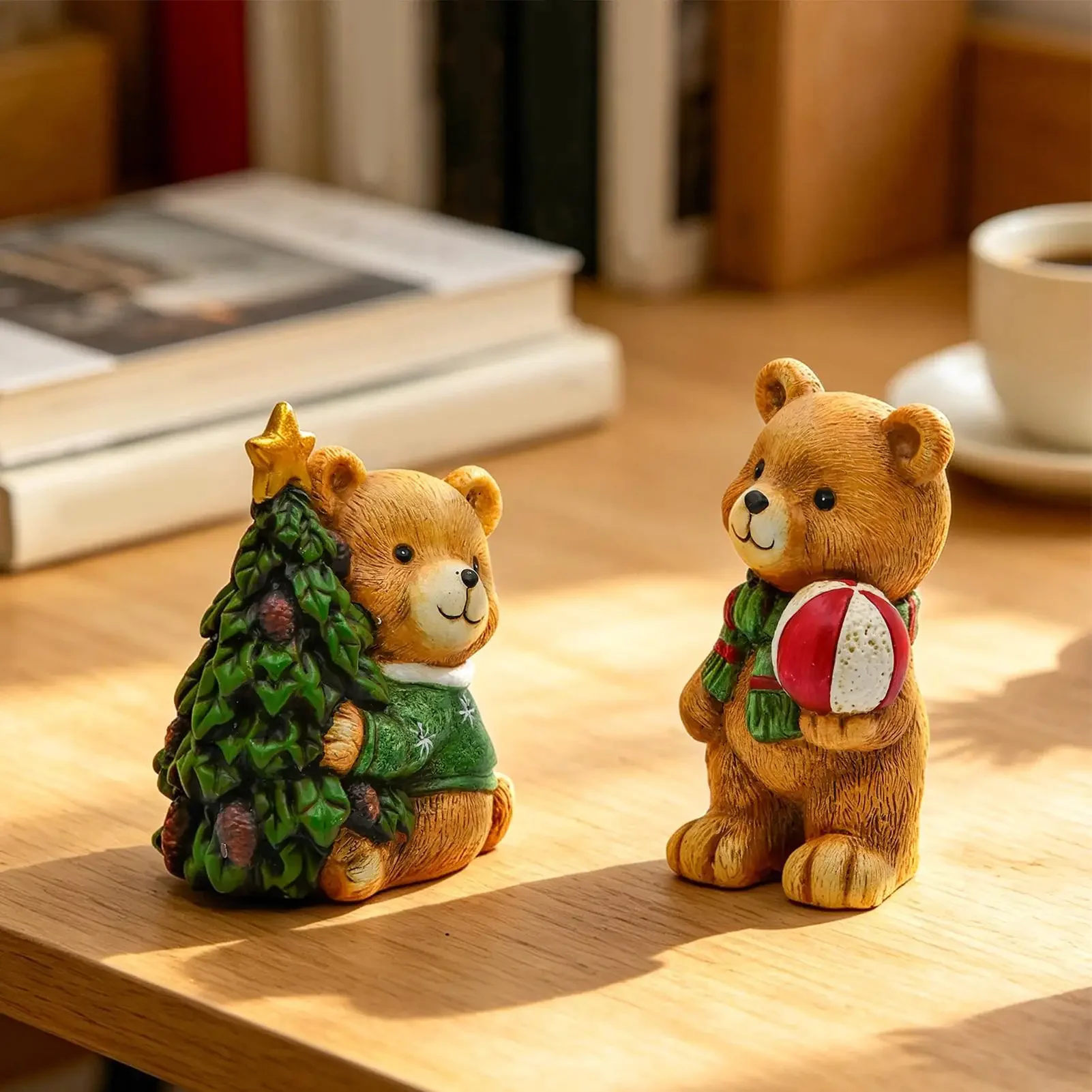 Christmas Bear Decor Cute Rustic Vintage Hand-Painted Resin Sculpture Winter Holiday Bear Figurines For Home Office Desktop