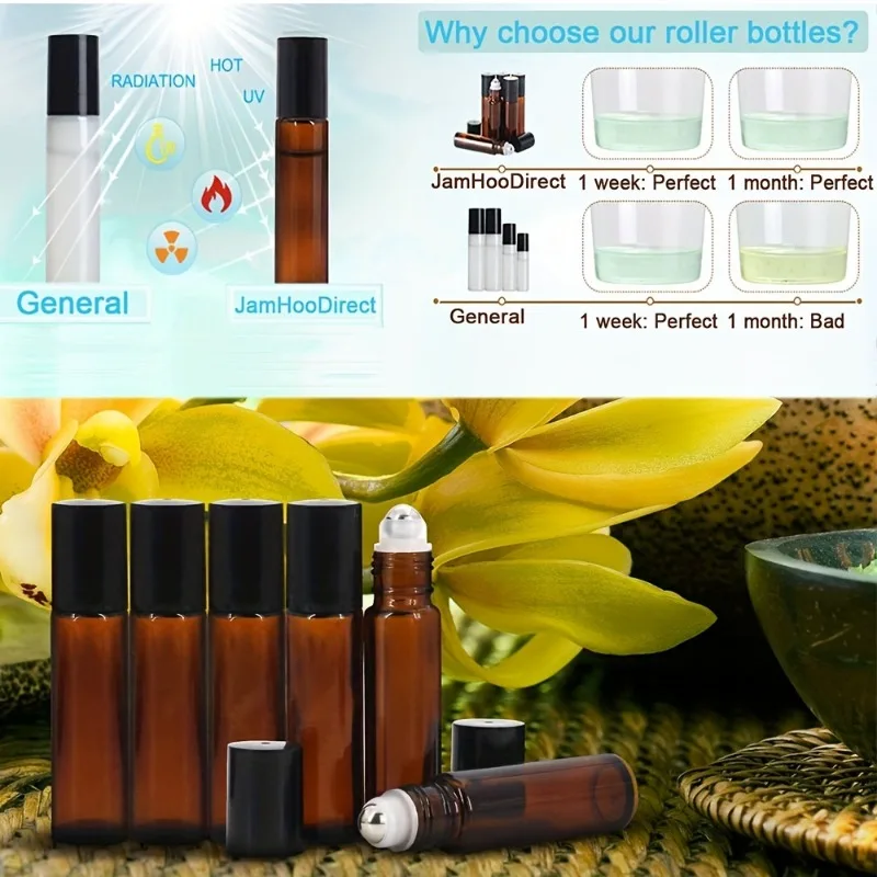 42개 0.33OZ(10ML) 호박색 유리 에센셜 오일 드럼 병(스테인레스 스틸 볼 포함) - 여행에 이상적