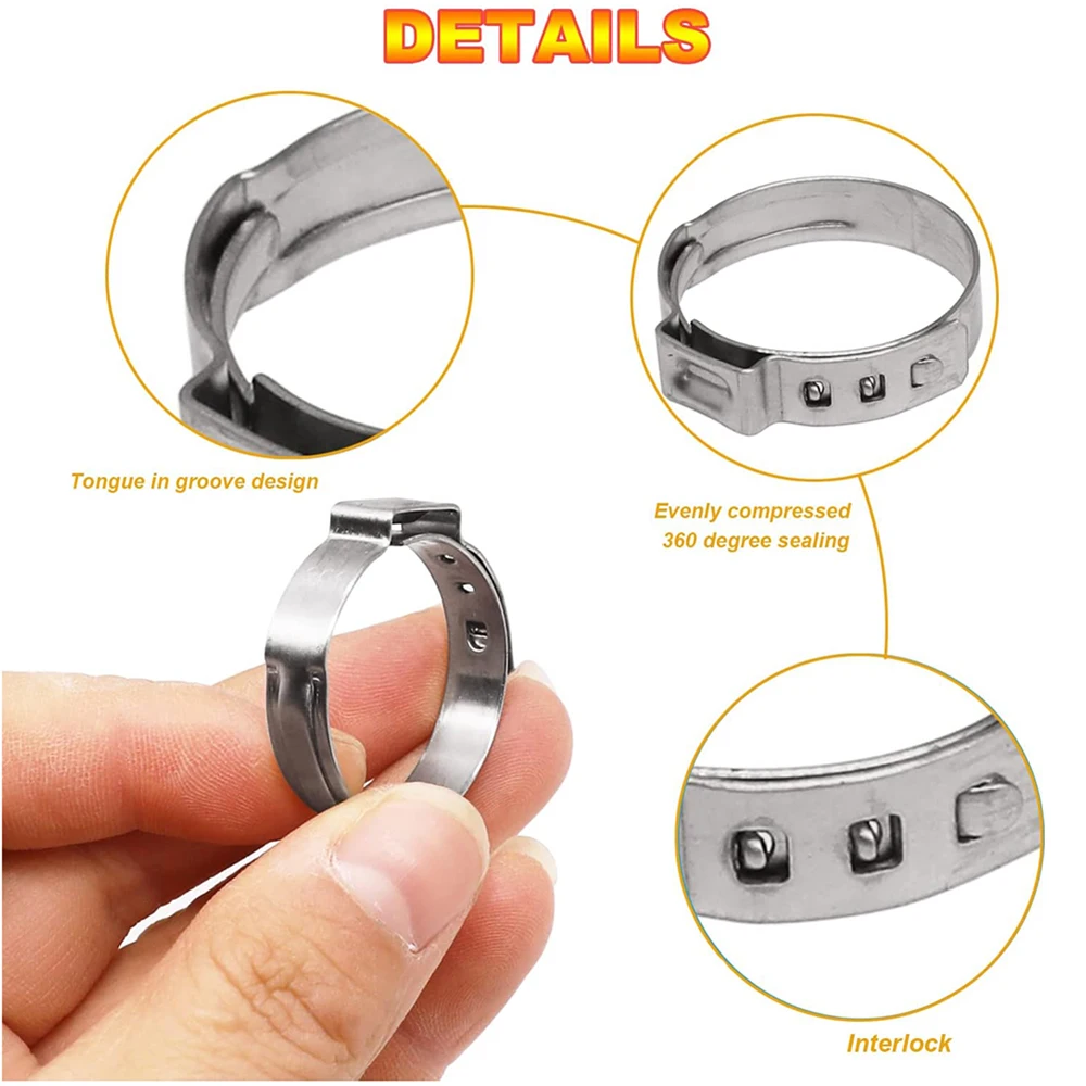 100 Stück Einohr-Schlauchklemmen in 5 Größen, 21-28,6 mm, stufenlos verstellbar, 304 Edelstahl Pex-Crimpringe-Set, Sortiment an Crimp-Schlauchklemmen – Detail 3