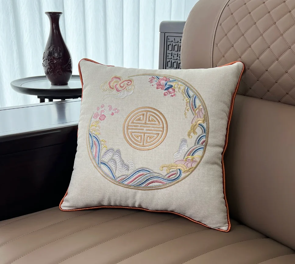 New Chinese Style Embroidery Pillow Cover, Beige Linen Cushion for Mahogany Sofa, Chinese Style High-end Waist Throw Pillowcase