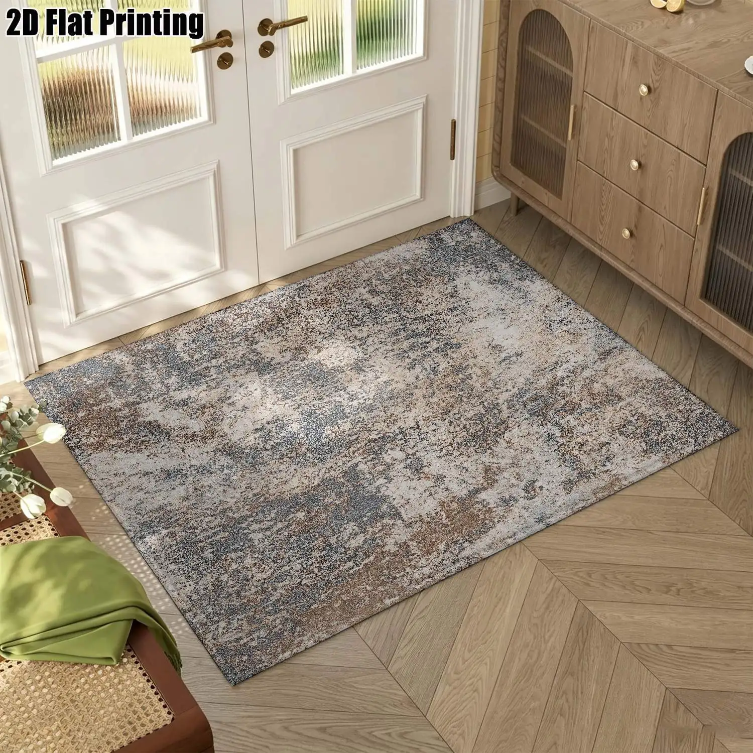 1Pc 2D Printed Retro Brown-Grey Abstract Nordic/Instagram-Style Minimalist Geometric Striped Carpet, Machine Washable, Multi-Size, Suitable for Home Decor, Entrance/Dining/Foyer/Living Room/Bedroom Mats