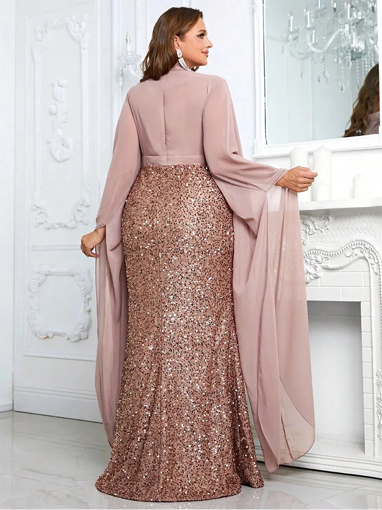 Plus Size 4xl 5xl Green Extra Long Cape Sleeves Beaded Hip Wedding Evening Dress Elegant Luxury Plus Size Prom Sparkling Dress