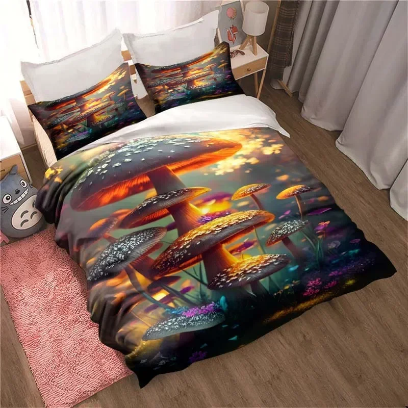 

3D printed color butterfly mushroom beach pattern three-piece set, beautiful home decoration quilt pillowcase, birthday gift