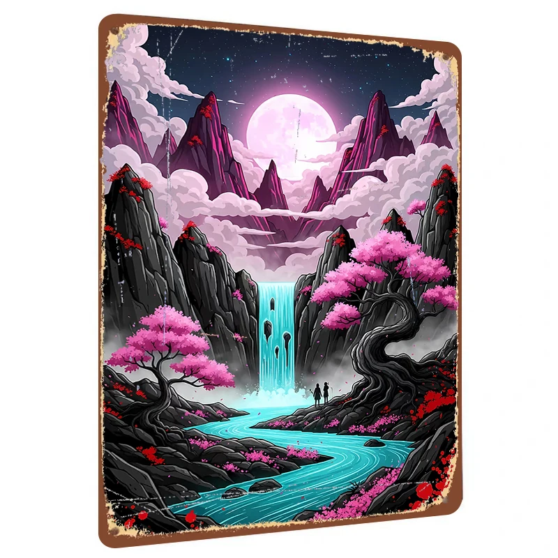 Moonlit Pink Cherry Blossom Waterfall Mountain Landscape Metal Iron Wall Art Home Decor Painting