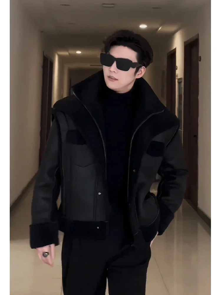 High-end Handsome Solid Color Fur Integrated Locomotive Cotton-padded Coats Men's 2024 Winter Thickened Warm Lamb Wool Jackets