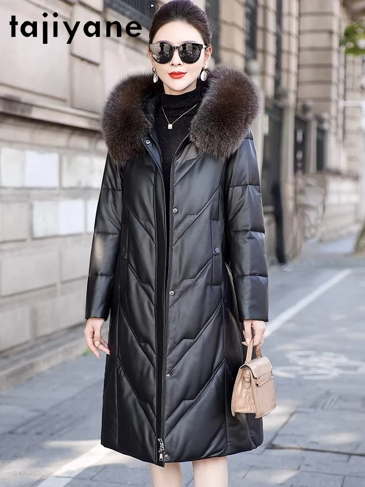TAJIYANE トップレイヤーシープスキンホワイトグースダウンコート女性用フォックスファー襟付きパファージャケットロングフード付きコート2026冬服 가죽자켓