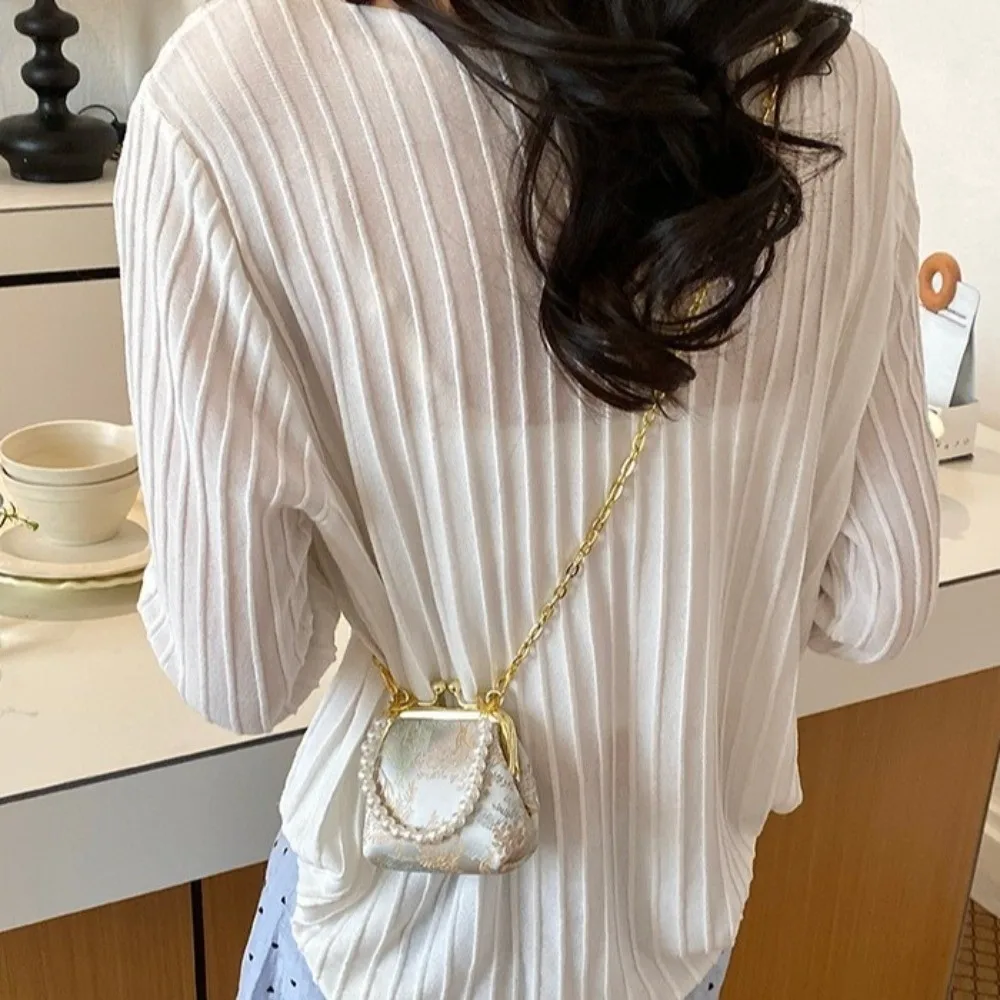 

Retro Kiss Lock Crossbody Bag Embroidery Ethnic Style Imitation Pearl Handle Shoulder Bag Exquisite Shell Shape Clasp Bag