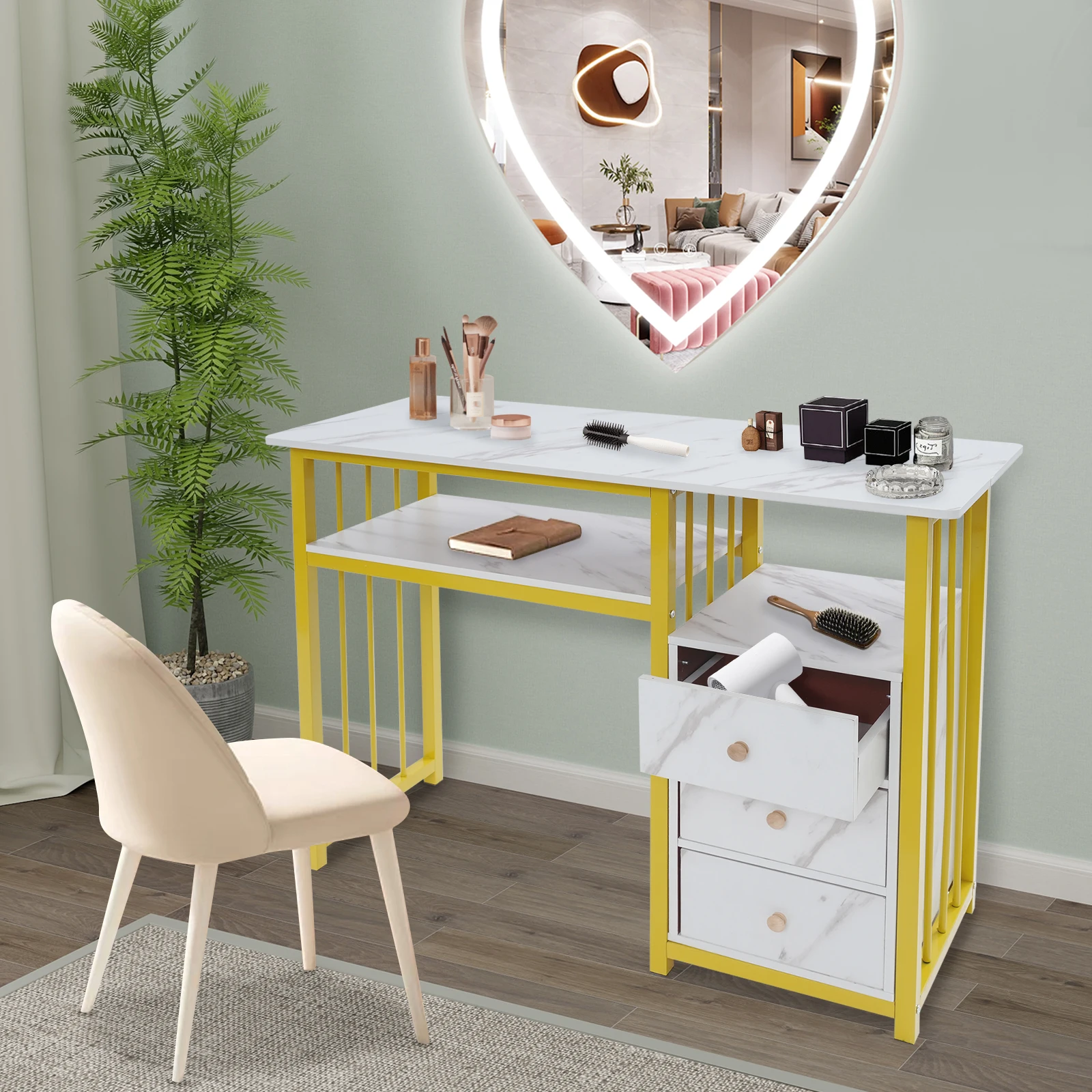 Nail Desk Manicure Table Marbling Texture Manicure Desk with 3 Drawers 100*40*76cm for Living Rooms, Offices, Nail Salon