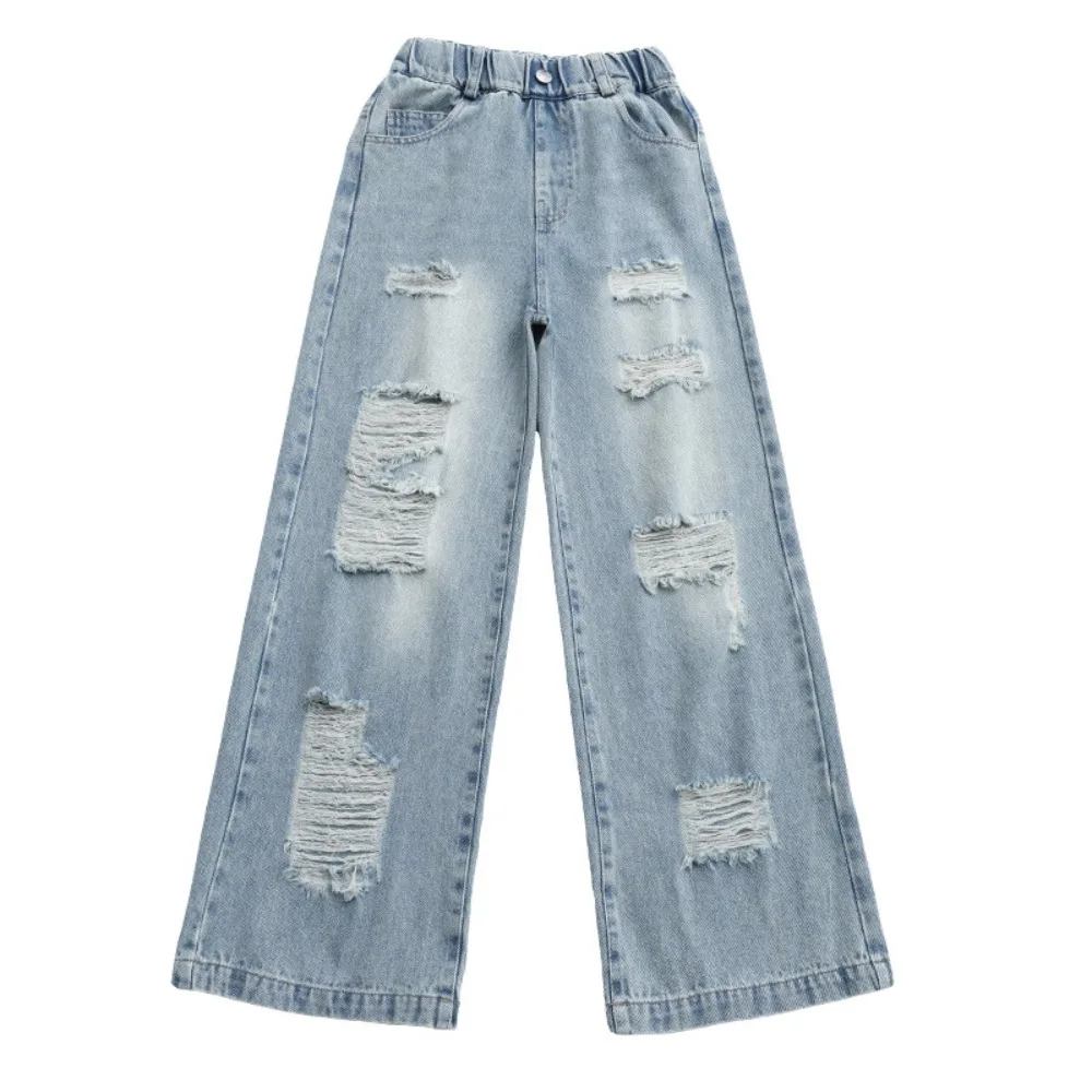 

Ripped Wide Children Jeans Loose Leg High Waist Blue Teen Girl Jeans Straight Streetwear Girls Denim Trousers Spring Autumn