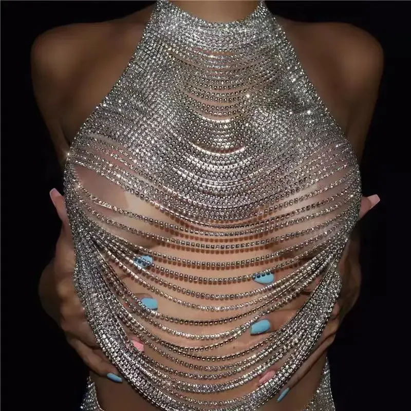 Intricate Layered Halter Top Chain Dazzling Waterfall Chest Jewelry Nightclub Stage Outfit Statement Accessory For Female