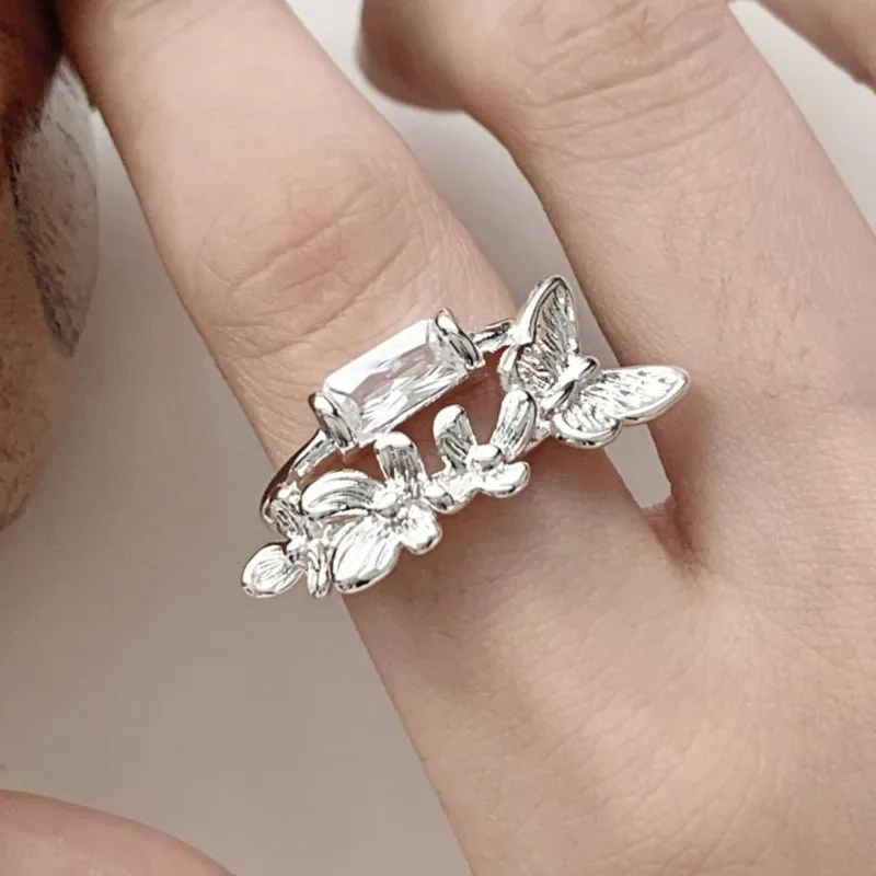 

PANJBJ 925 Sterling Silver Zircon Butterfly Ring for Women Double Layer Zircon Geometry Irregular Jewelry Gift Dropshipping