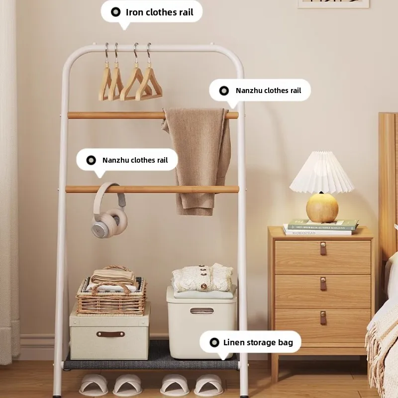 Bedside Clothes Rack with Double Storage  Adjustable Height Floor Stand for Bedroom Mobile Hanger with Non-Slip Base