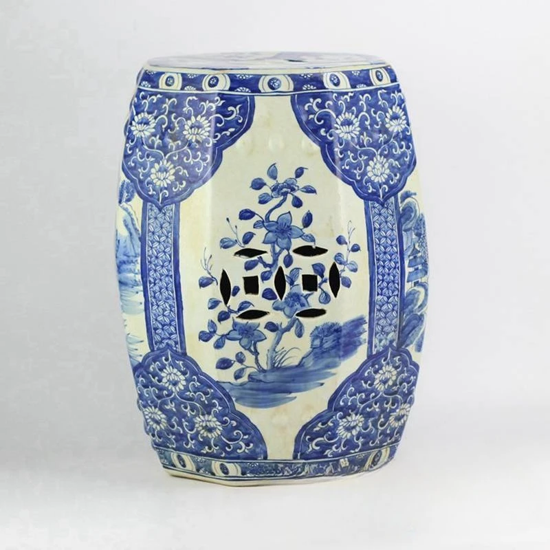 Blue and white landscape flower carving with copper coin hole cool stool ceramic pier home products creativity