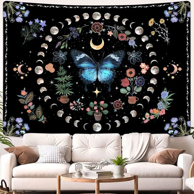 VIKAMA Moon Phase Butterfly Floral Wall Tapestry Black Background Blue Moth Lunar Cycle Potted Plant Star Occult Boho Decor Soft