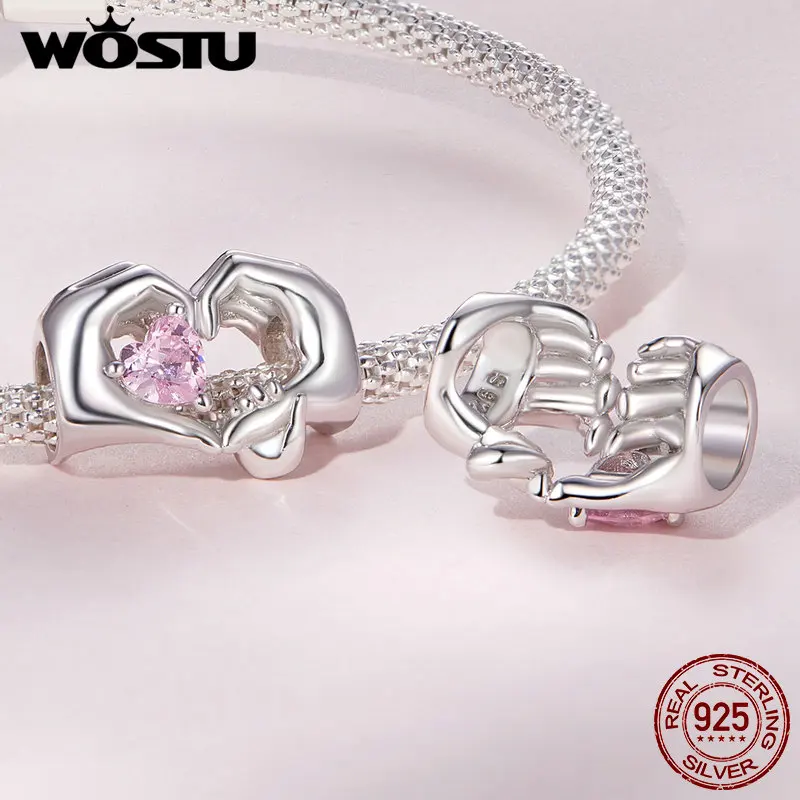 WOSTU 925 Sterling Silver Grateful Heart Charm Pendant Love Positioning Buckle beads For Women Fit DIY Bracelet Necklace Jewelry