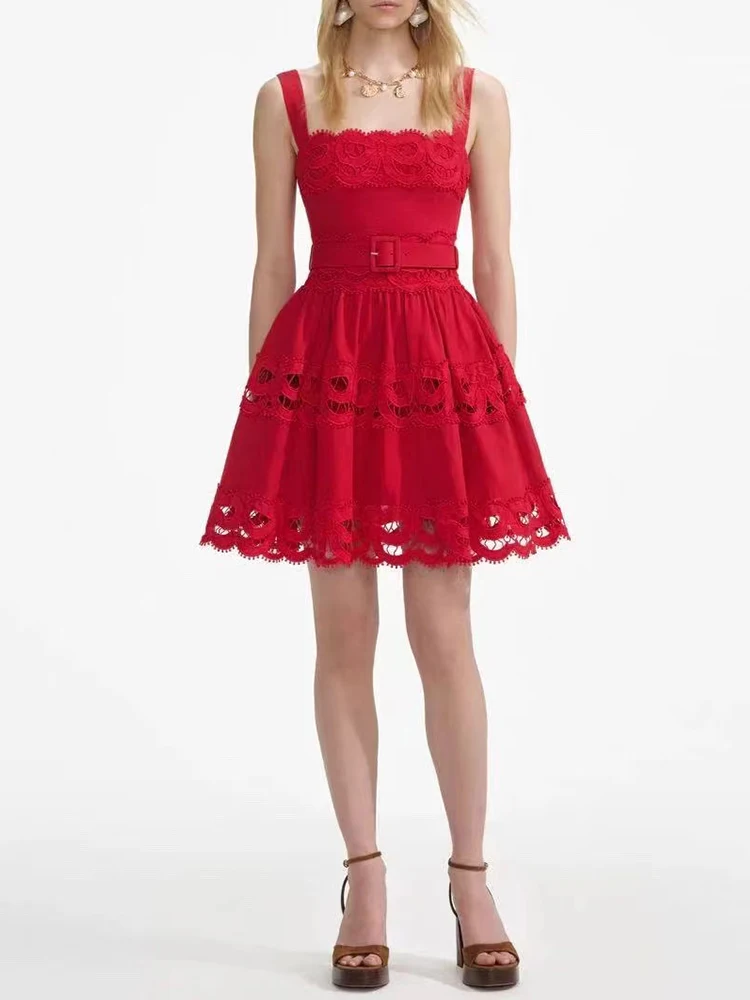 

Summer 2025 women's applique, cutout, lace-up, cinched waist, halter dress, fashionable high-waisted, loose A-line puffy dress