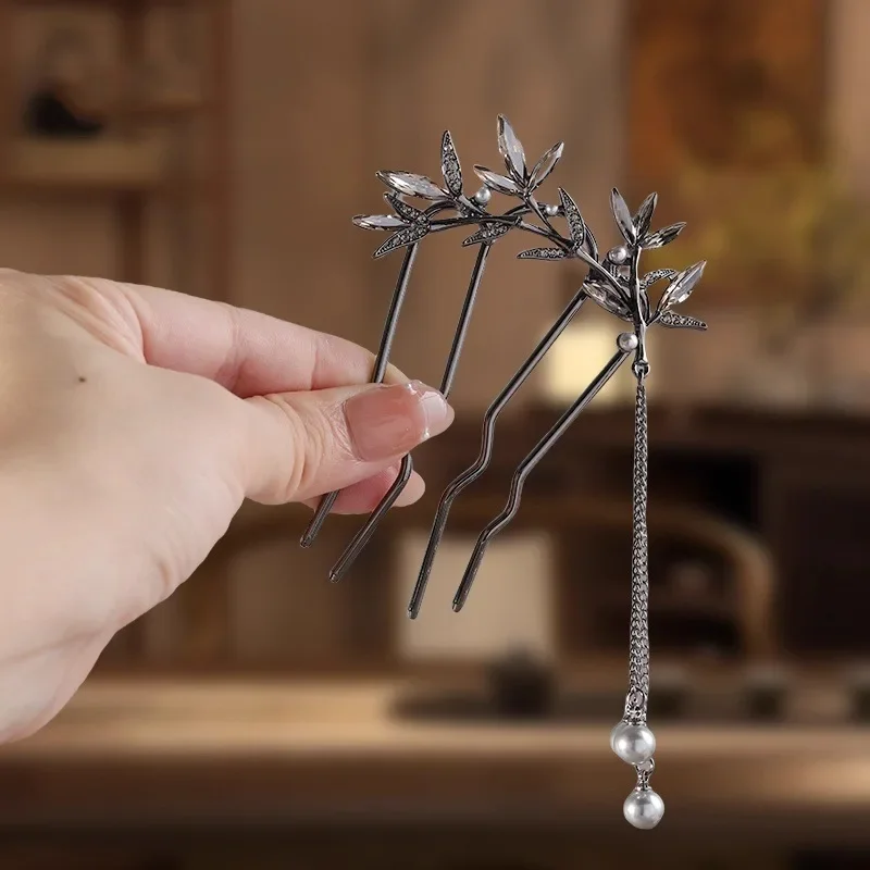 Chinesischer Kristall-Bambus-Wellen-Haarnadel mit Perlenquaste, elegante Damen-Metall-Haarstäbe, hochwertiger Braut-Kopfschmuck