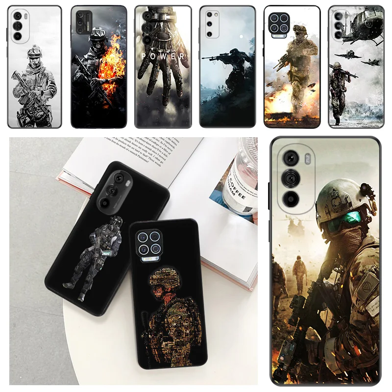 Phone Case For Motorola G71 G73 G72 G53 G52 G32 G22 G60 G51 G50 G31 G30 G9 Power Army Soldier Black Soft Protective Cover