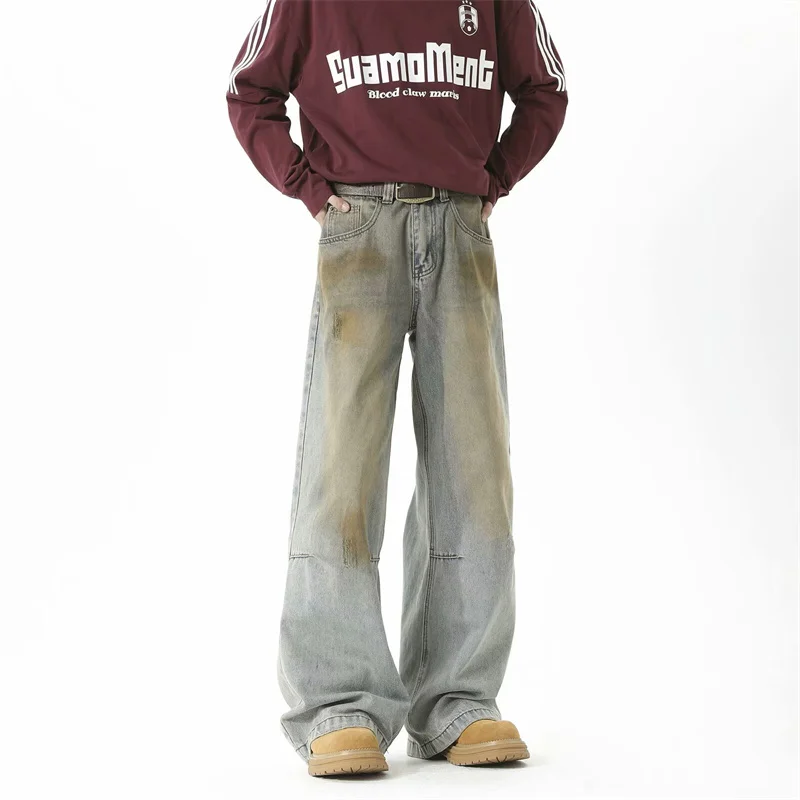 

2025 New Retro Distressed Straight Wide Leg Jean Man Hip Hop Fashion Baggy Denim Curved Pants Blue Washed Y2K Streetwear Jean