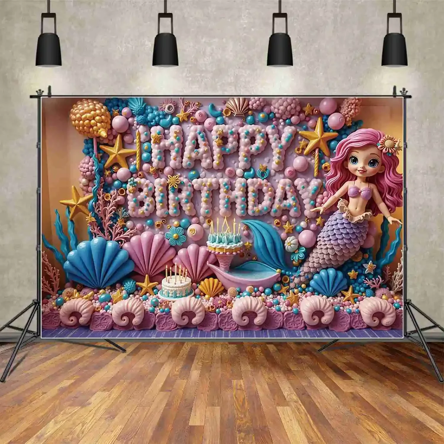 MOON.QG Pink Dreamy Little Mermaid Birthday Photography Backdrop Pearl Cake Blue Photozone Background Children Studio Photozone