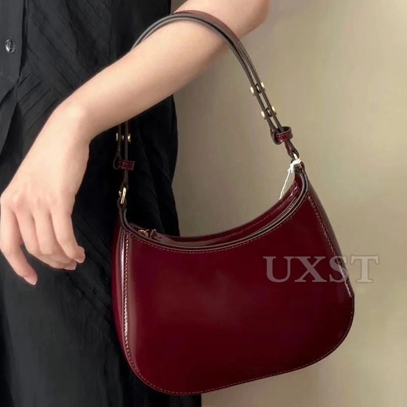 UXST Genuine Women\'s Underarm Bag New Genuine Patent Leather Half Moon Bag Sexy Red High-quality Texture Banquet Shoulder Bag