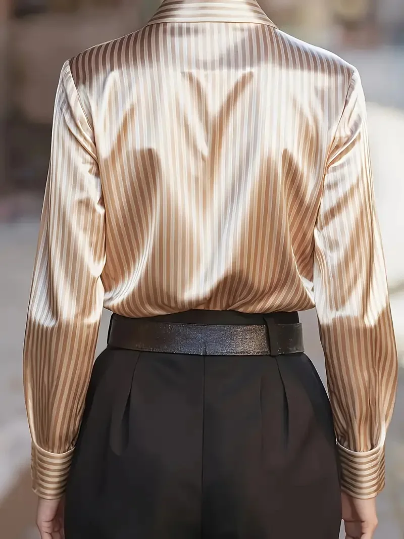 Casual Shirt Striped Autumn Winter Loose Temperament Elegant Commuter Style Clothing Long-sleeved Lapel Single-breasted Tops