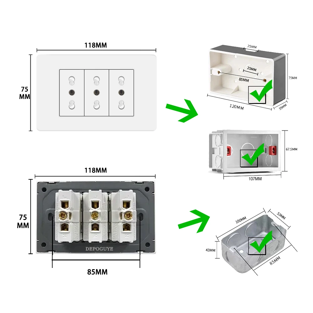 Italy Chile  Standard Outlet with USB Smart Type-c 20W Fast Charging, Dual USB Wall Socket Chile Plug Plastic Panel Light Switch
