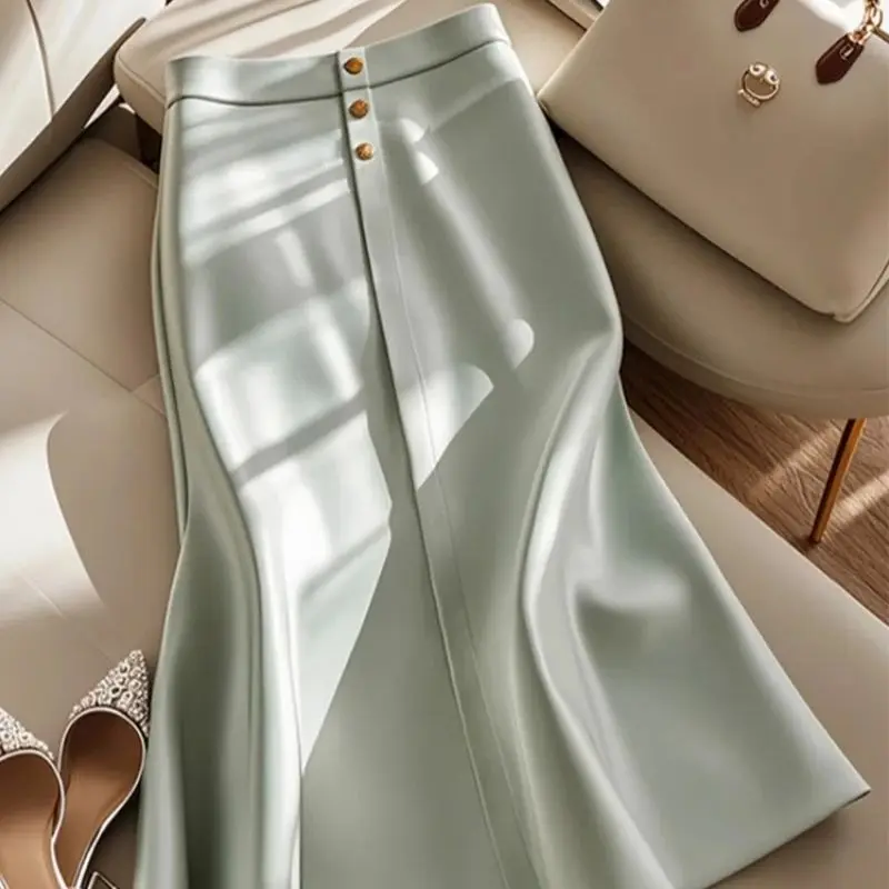 

New Office Lady Fashion Long Skirt Women Elegnat High Waist A-line Buttons Solid Color Midi Skirts Summer Versatile Jupe