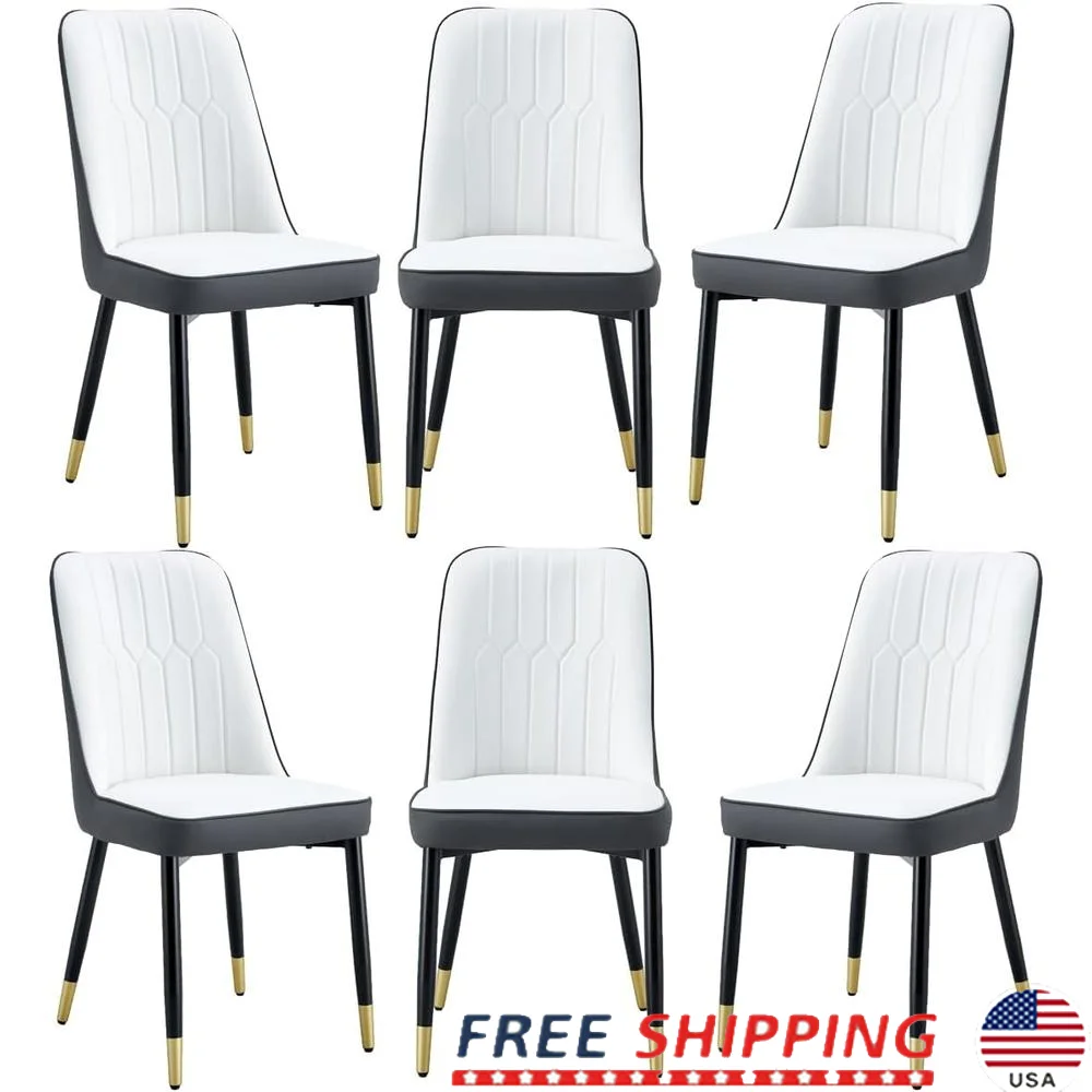 

Set of 6 Modern Dining Chairs PU Leather Backrest Cushions Black Metal Legs Comfortable Kitchen Restaurant Furniture