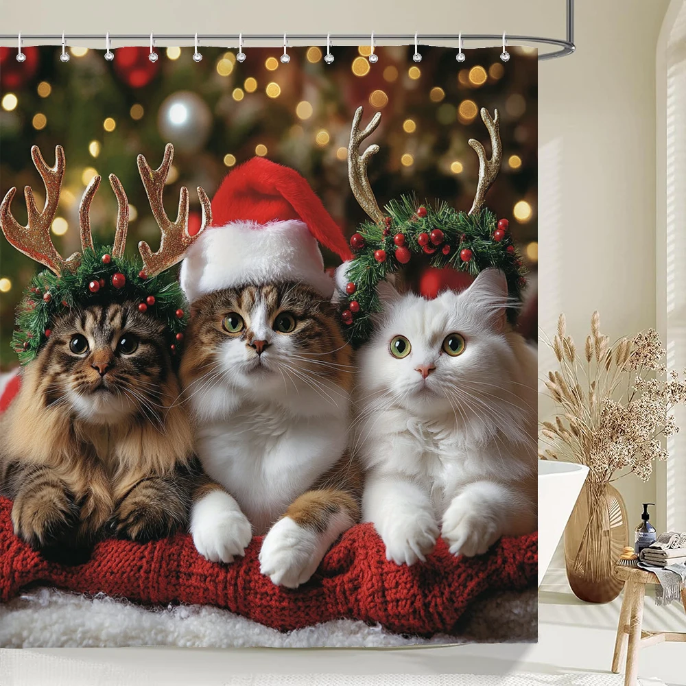 

Merry Christmas Shower Curtain, Bathroom Decorative Christmas cat and dog Shower Curtain, Waterproof Shower Curtain with Hooks