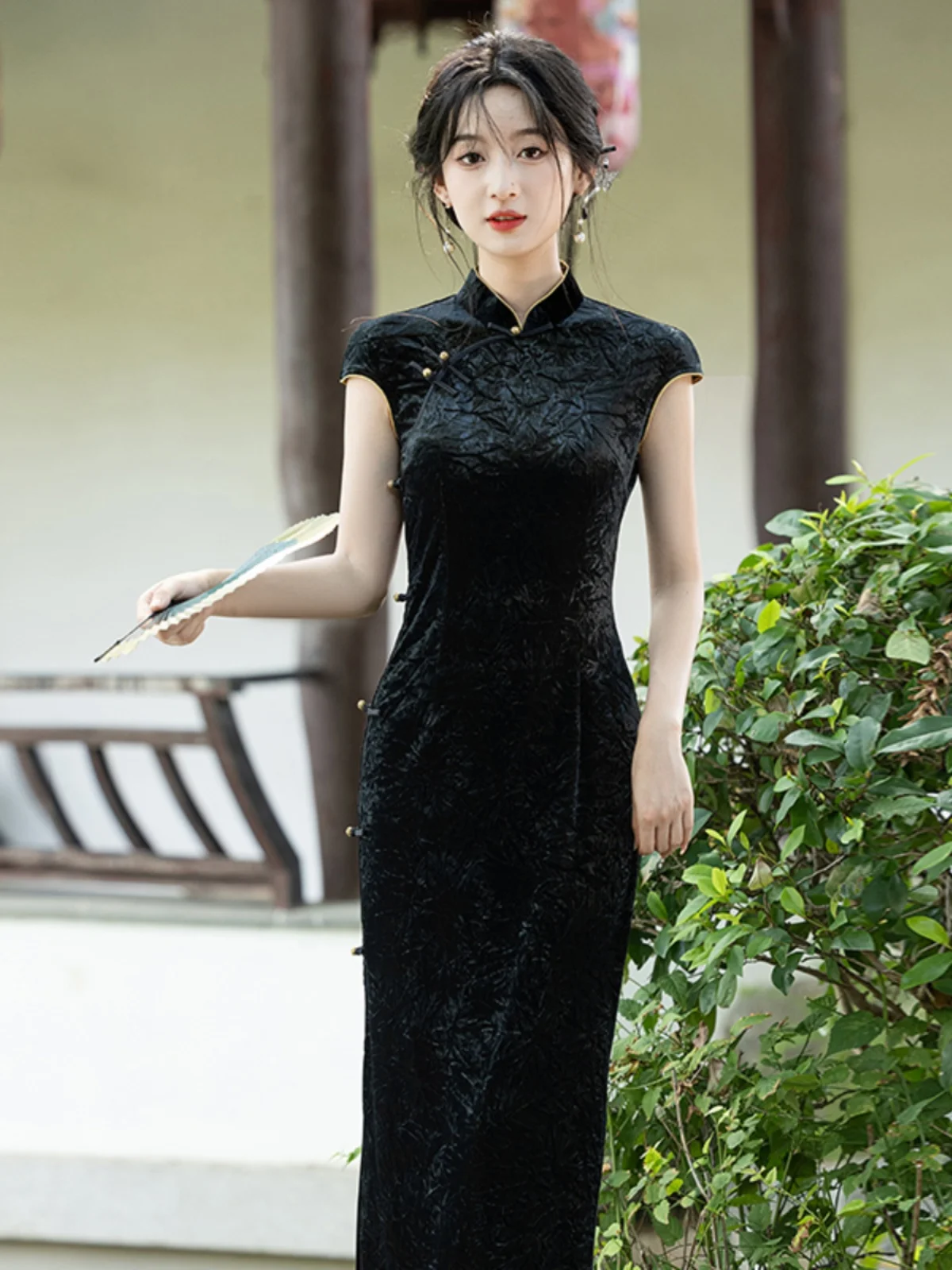 

Винтажное бархатное платье Bla anghai с высоким разрезом, повседневное, в ретро-китайском стиле, улучшенное, стройнящее, Honge