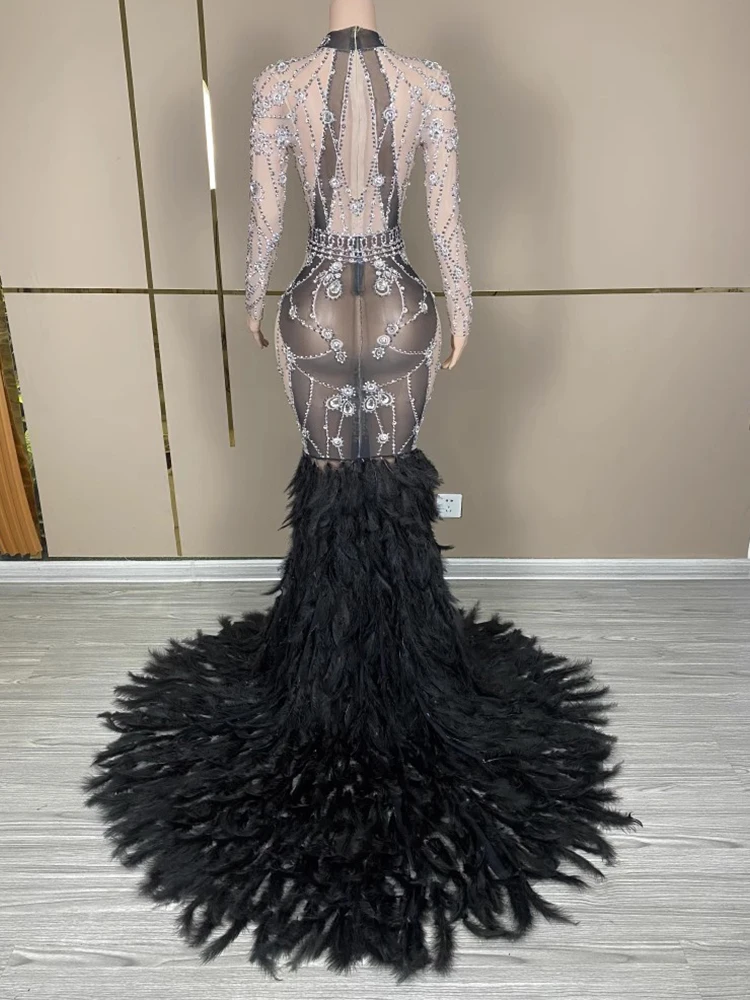 High Quality Rhinestone Feather Splicing Elastic Dress 2024 New Fashion Custom Women'S Clothing