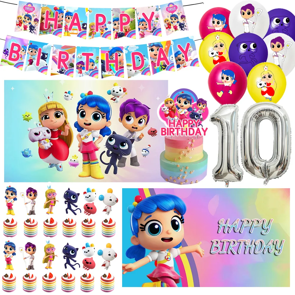 

Cartoon T-True Rainbow Kingdom Birthday Party Decoration Cake Topper Balloons Backdrop Banner Baby Shower Prop Party Supplies