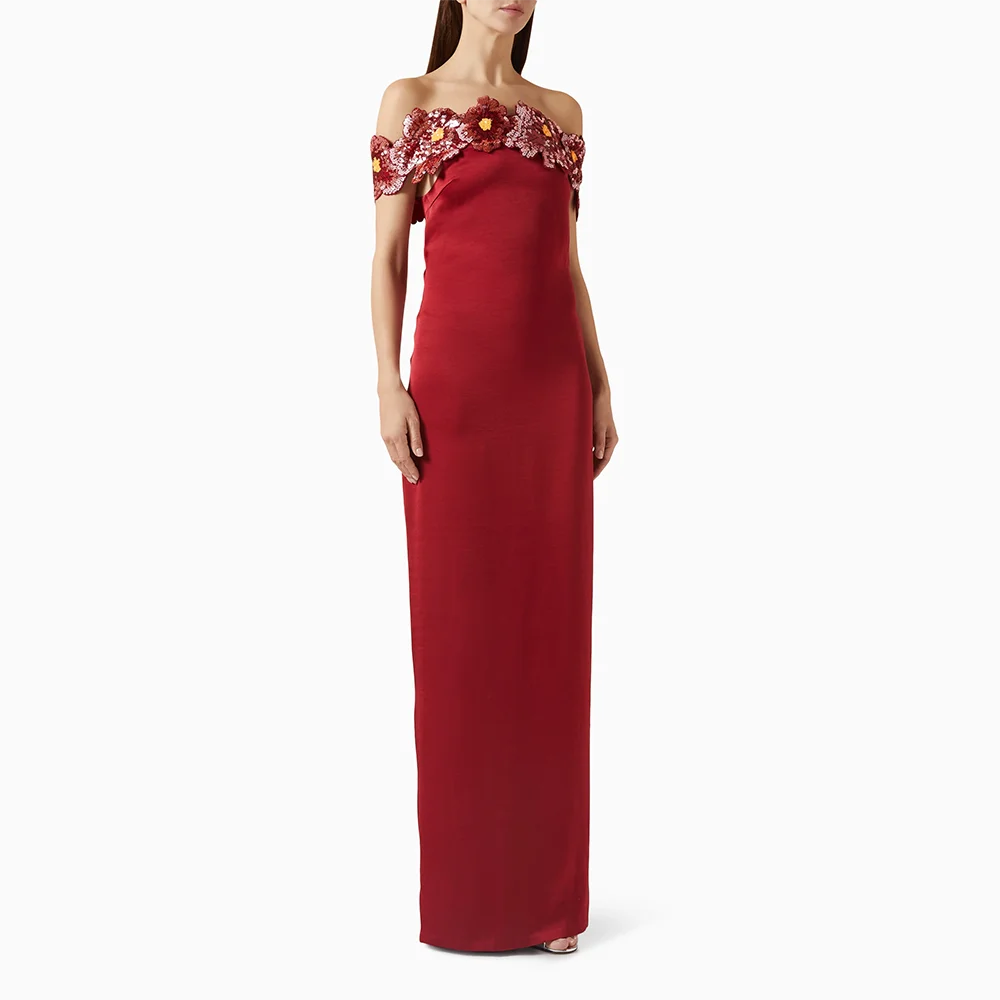 

Красное вечернее платье для гостей на свадьбу, с открытыми плечами, из атласа, прямого кроя, в пол, с цветочным декором, на заказ