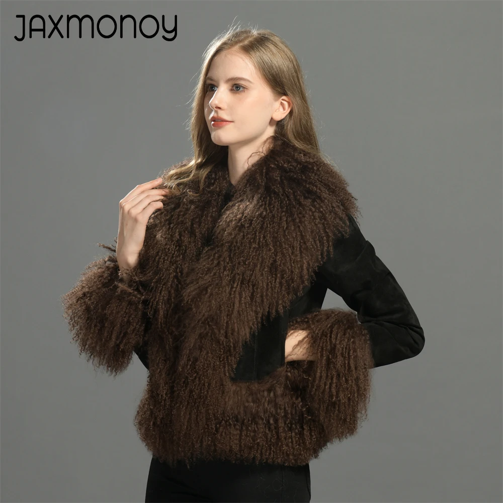 Jaxmonoy Real Leather Coat for Women Genuine Mongolian Sheep Fur Trim Suede Leather Jacket Winter Fashion Fluffy Fur Coats Fall