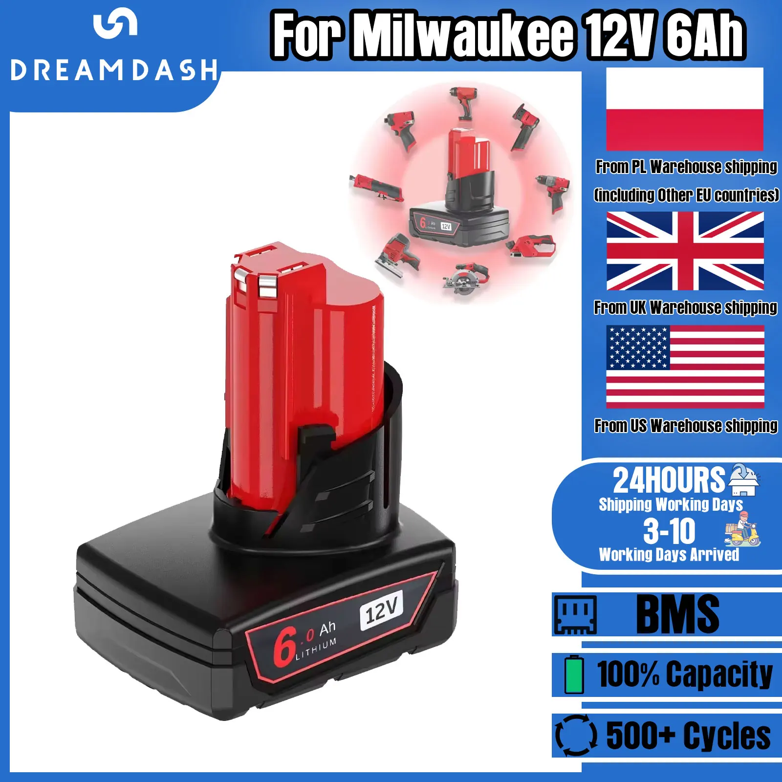 Dreamdash 12V 6.0mAh Li-ion Battery For Milwaukee Power Tools For MIL12V 48-11-2402 48-11-2411 48-11