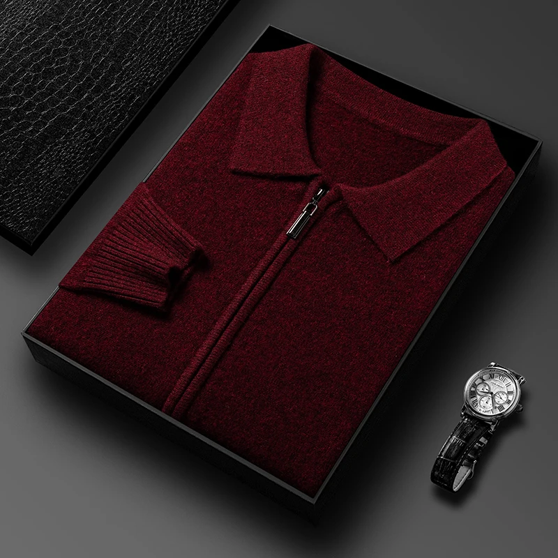 100% Wool High Quality Men Knit Outwear Zipper Down Sweater Cardigan Warm Thick for Autumn Winter Turndown Collar Maroon 3301-01