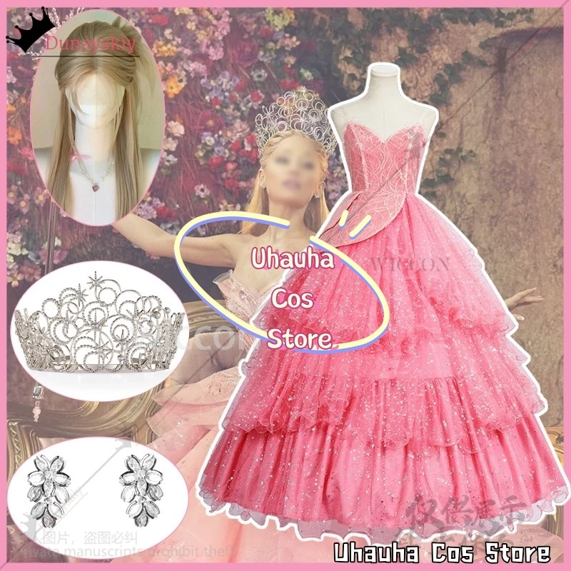 Glinda Wicked Cosplay Anime Filmkostuum Roze Jurk Lolita Avond Schattig Pak Pruik Halo Earing Set Voor Halloween Meisjes Aangepast