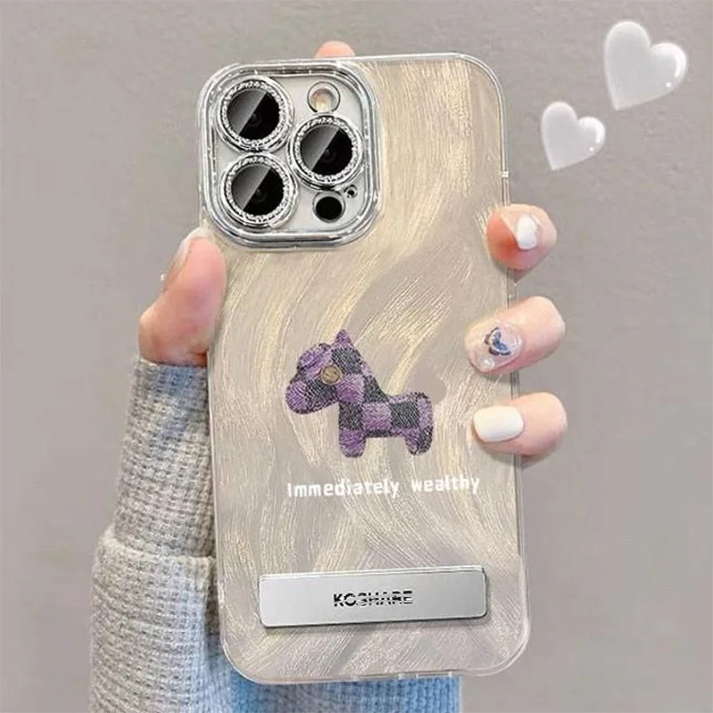 For iPhone 16 Pro Case with stand Silver Phone Cases for iPhone 16 15 14 13 12 11 Pro Max Case Purple Grid Horse Back Cover 2026