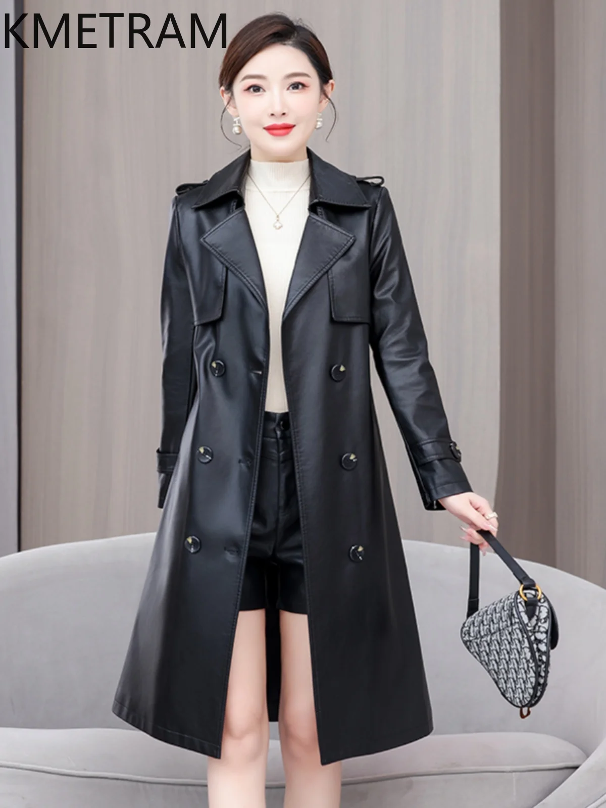 KMETRAM Real Sheepskin Leather Women's Jackets Spring Autumn Mid Long Clothes for Women Trench Coat 2024 Fashion Chamarra Mujer