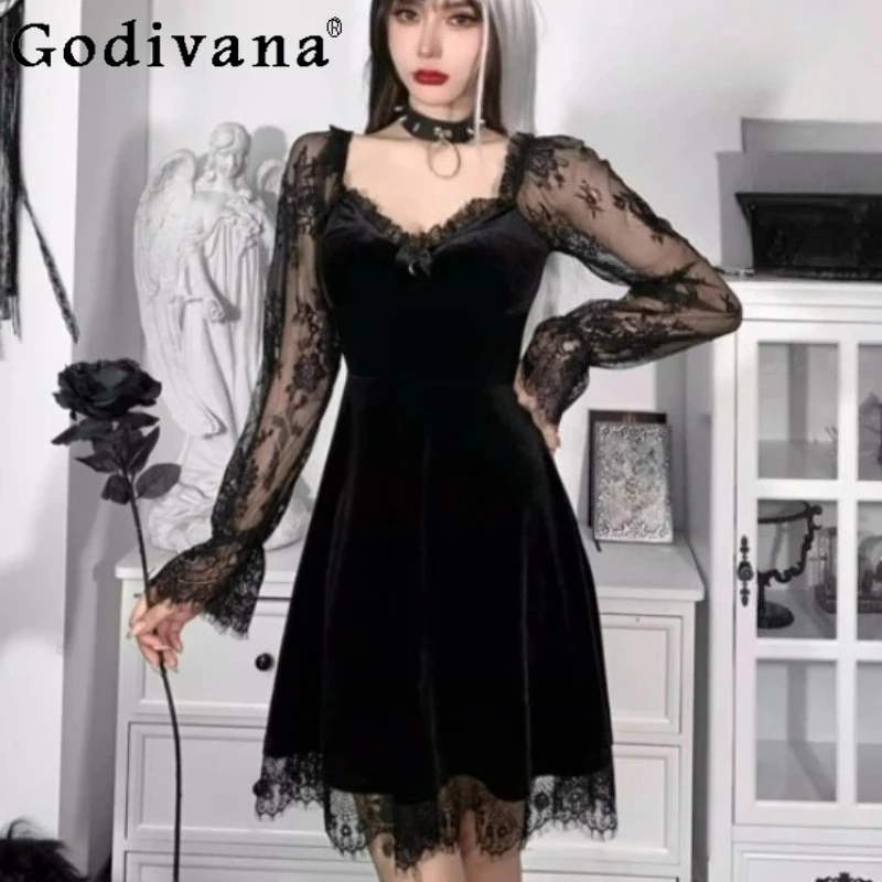 

New Personality Girl Gothic Lace Lolita Princess Dress Spring Autumn Sexy V-Neck High Waist A-line Fashion Long Sleeve Dress