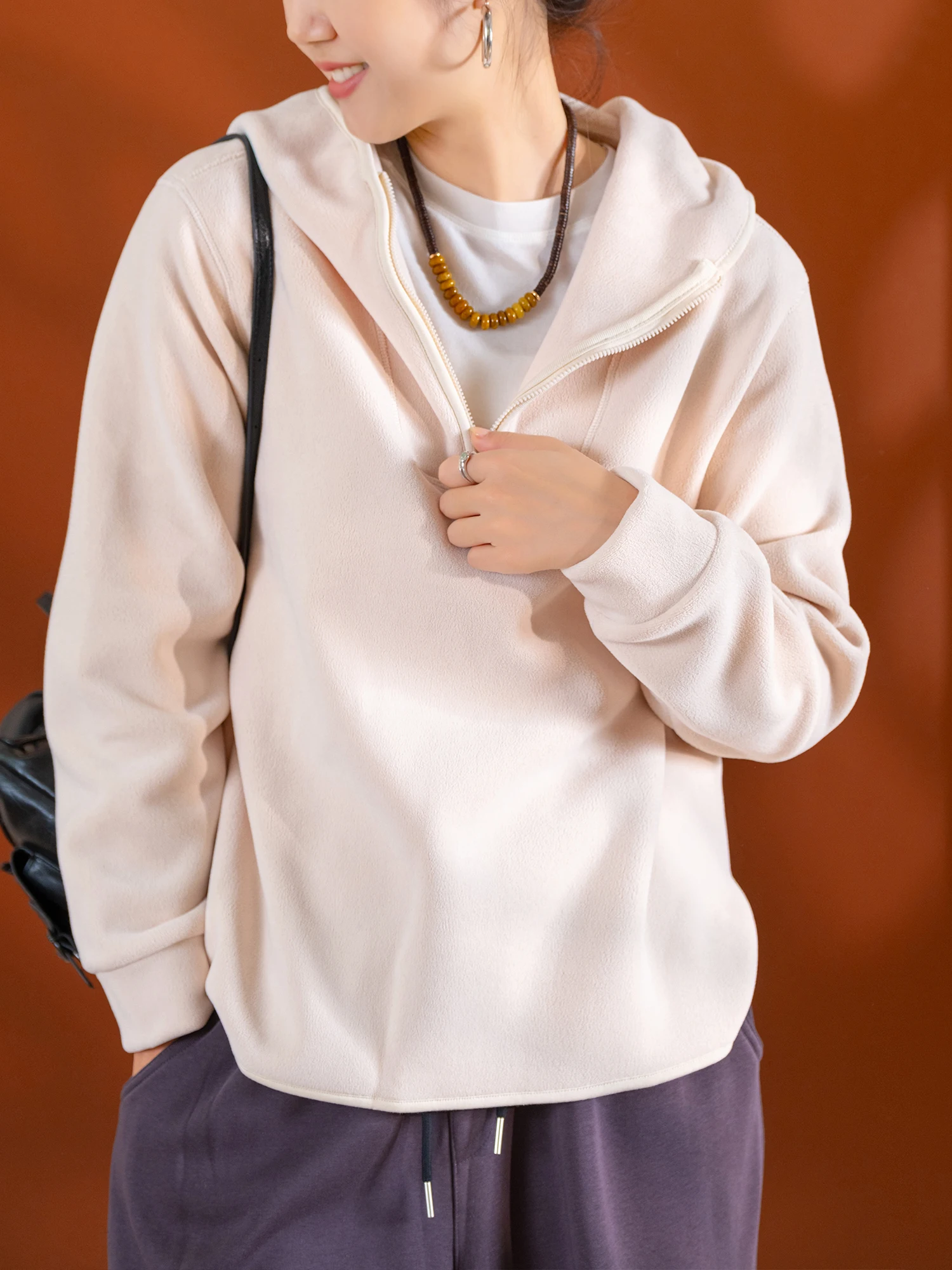 

Loose Fit Hoodie Sle Double Faced Fce f Open Front Long Sve Sweatirt with Hem Slits Women's Casual Polyester Blend