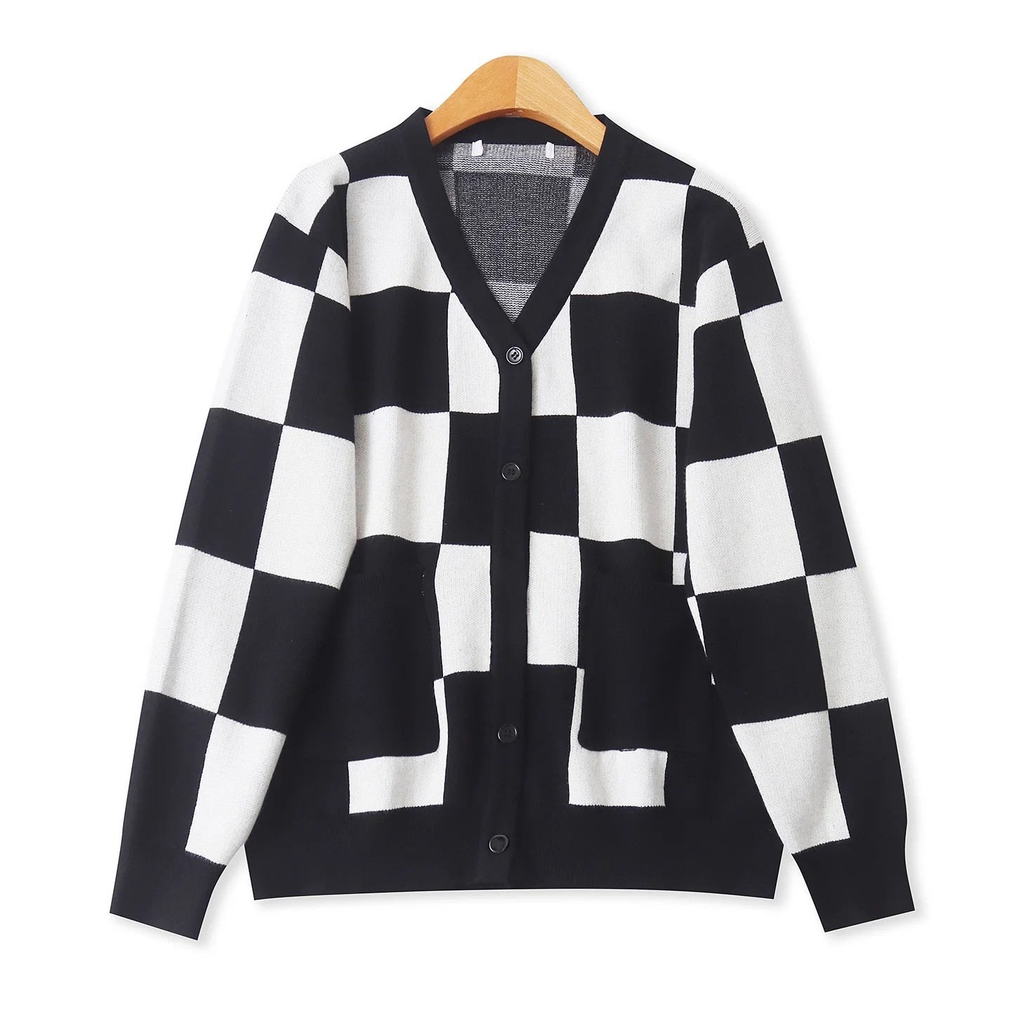 

Spring Autumn Plaid Long Sve V-Ne Single Button Women's Knitwear Cardigan Double ket Regular Fit Commute Sle 33026