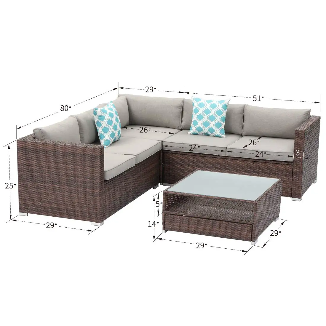 4-Piece Outdoor Rattan Wicker Sofa Patio Set w Stripe Pillows Glass Coffee Table Waterproof Cover for Backyard Poolside, Customi