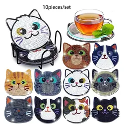 10pcs Diamond Painting Coasters Set, DIY Cartoon Cat Pattern Round Coasters 10x10cm/3.93x3.93in
