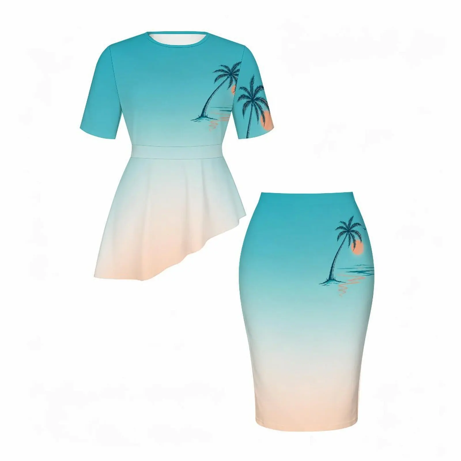 Women Tropical Palm Tree Printed Gradient Round Neck Short Sleeve Asymmetric Top and Fitted Skirt Two Piece Set
